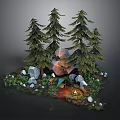 Lush Natural Forest Campsite With Tall Pine Trees Rocks And Burning Campfire
