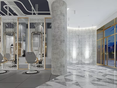 Modern Hair Salon Interior Design With Mirrors Styling Chairs And Decorative Lighting 3d model