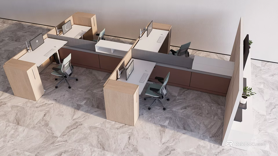 Modern Office Workspace With Partitioned Desks And Gray Ergonomic Chairs 3d model 