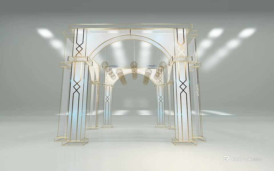 Modern Elegant Archway With Golden Frame Geometric Pattern Decoration And Ceiling Chandelier 3d model 