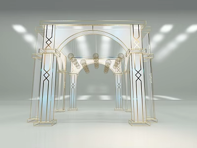 Modern Elegant Archway With Golden Frame Geometric Pattern Decoration And Ceiling Chandelier 3d model