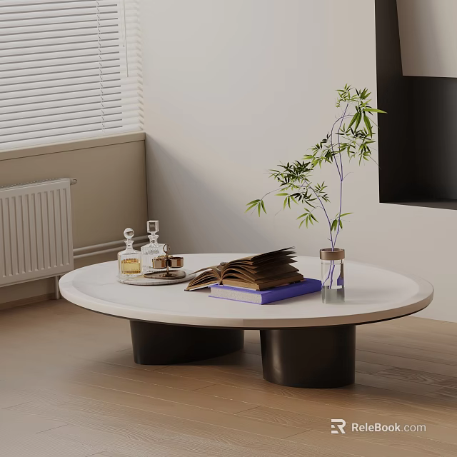 Modern Minimalist Sofa Coffee Table Set With White Round Table Books Bottles And Green Plant 3d model 