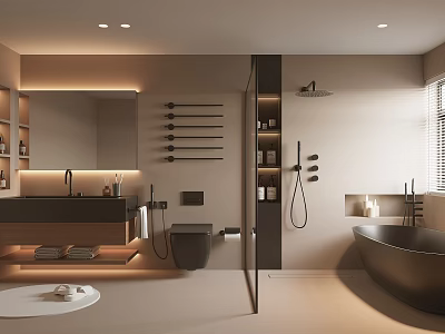 Modern Bathroom Interior Design With Bathtub Wall-Mounted Toilet And Vanity Mirror 3d model