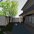 Modern Sales Office With Glass Facade Black Roof Surrounded By Trees And Landscaped Garden