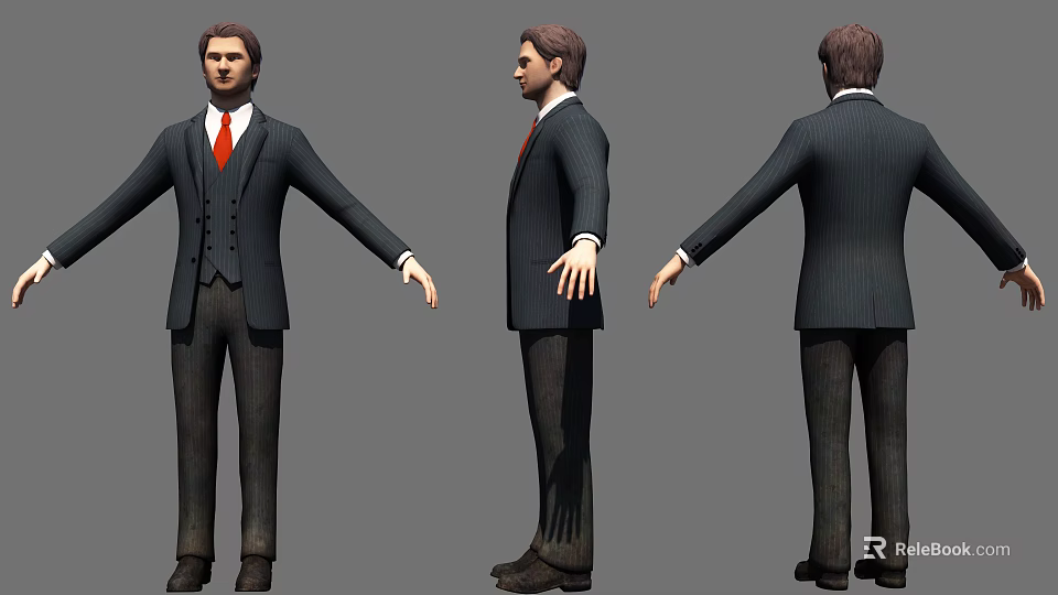 Man Wearing Formal Business Suit With Vest And Red Tie From Different Angles 3d model 