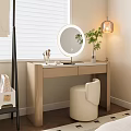 Modern Beige Dressing Table With Illuminated Round Mirror Stool Brushes Small Plant And Blinds