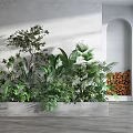 Lush Green Indoor Plants in Concrete Planter with Gray Wall Arched Doorway and Wooden Logs