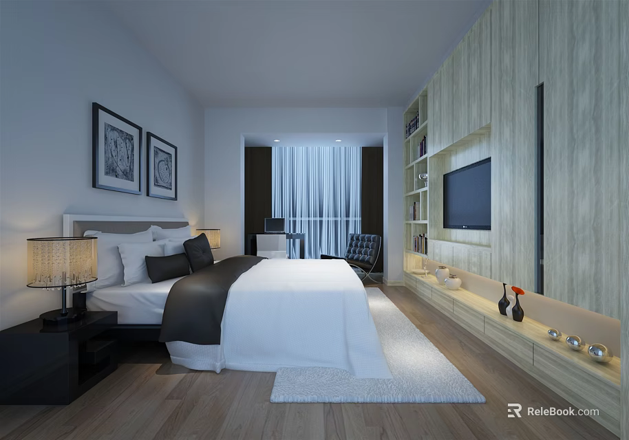 Modern Hotel Room Interior With King Bed Flat Screen TV Bedside Lamps And Decorative Paintings 3d model 