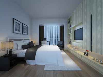 Modern Hotel Room Interior With King Bed Flat Screen TV Bedside Lamps And Decorative Paintings 3d model