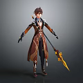 Elaborate Game Movie Character With Brown Orange Robe And Golden Spear Weapon Design