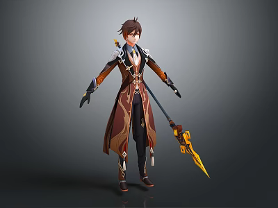 Elaborate Game Movie Character With Brown Orange Robe And Golden Spear Weapon Design 3d model