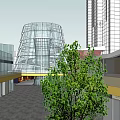 Modern Commercial Street Featuring Multi Story Glass Buildings Street Cars And Greenery