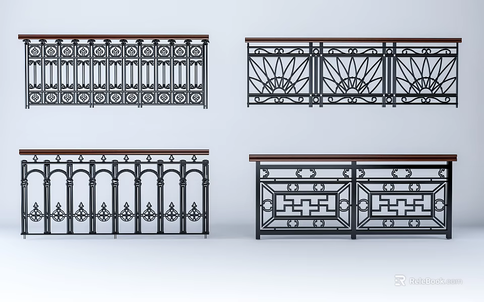 Various Decorative Metal Railings With Ornate Patterns And Wooden Top Designs 3d model 