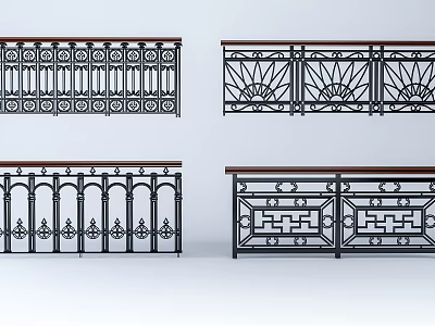 Various Decorative Metal Railings With Ornate Patterns And Wooden Top Designs 3d model