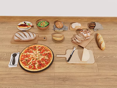 Food Bread Pizza Cheese Fried Fish 3d model