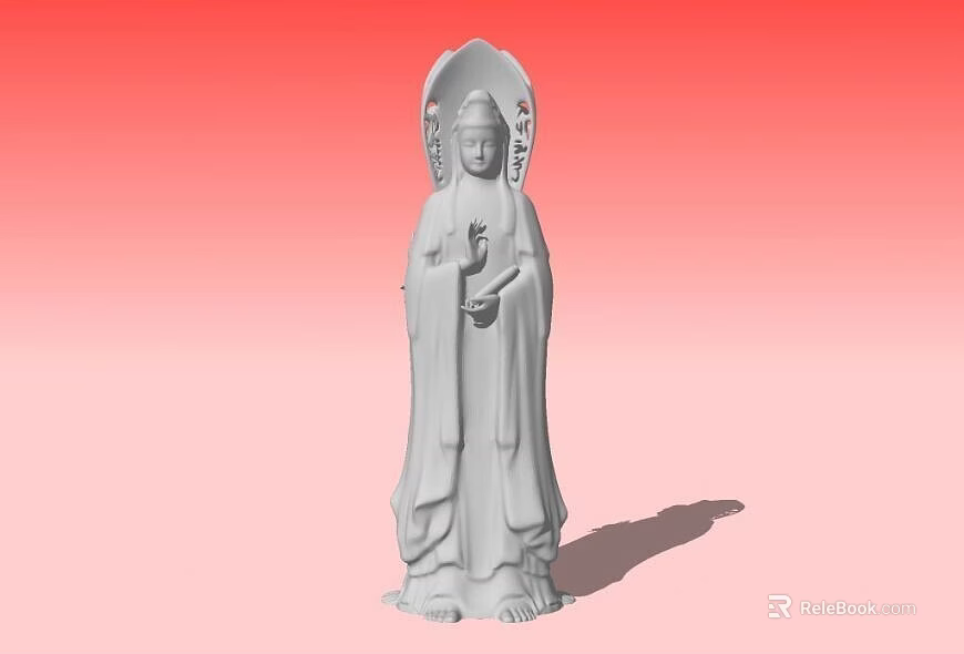 White Stone Carving Guanyin Statue With Standing Posture And Gradient Red To Pink Background 3d model 
