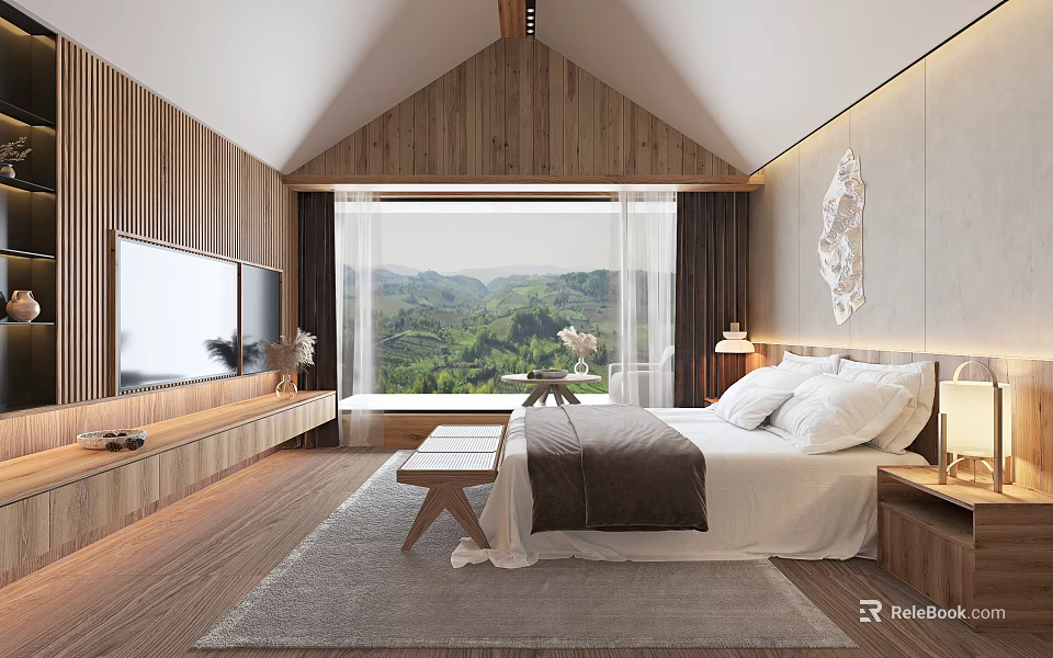 Wooden Hotel Room Interior With King Bed Large Window And Mountain View 3d model 