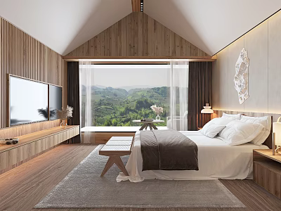 Wooden Hotel Room Interior With King Bed Large Window And Mountain View 3d model