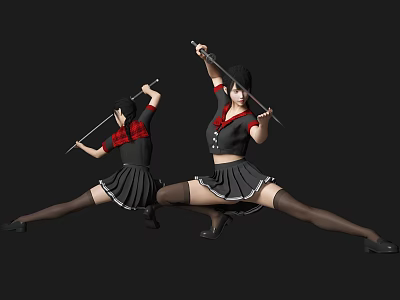 Women in Black and Red Outfits Performing Split Pose Holding Swords 3d model