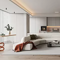 Modern Living and Dining Area With Open Layout White Sofa Wooden Floors Ceiling Strip Lights