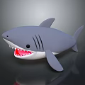 Gray Shark Toy With Open Mouth Red Teeth And Black Eyes On Dark Background