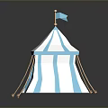 Blue And White Striped Tent Furniture With Flag On Top And Ropes At Bottom