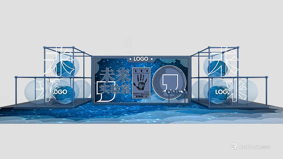 Modern Exhibition Booth Design With Future Tech Elements Logo And Blue Water Wave 3d model