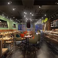 Warm Café Interior With Brick Wall Bookshelves Framed Paintings And Cozy Seating