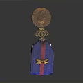 Intricate Golden Relief Sculpture With Circular Design Blue Red Stripes And Decorations