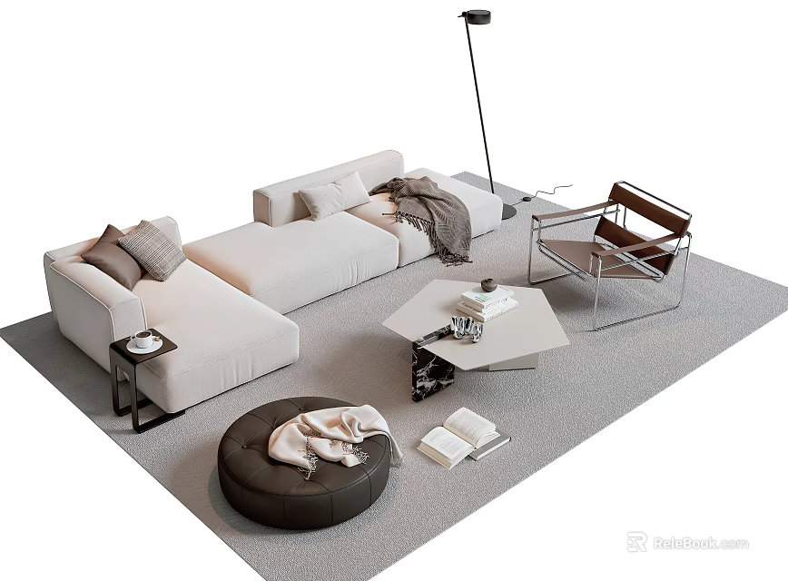 Modern Beige Sofa And White Coffee Table Set With Pillows Throw Blanket Books And Footstool 3d model 