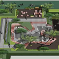 Roof Garden Featuring Trees Benches Round Tables Red Structures and Gray Paving for Leisure Activities