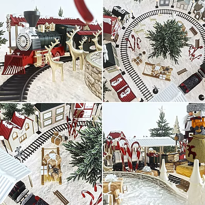 Christmas Themed Garden Landscape With Train Tracks Reindeer And Snowy Decorations 3d model