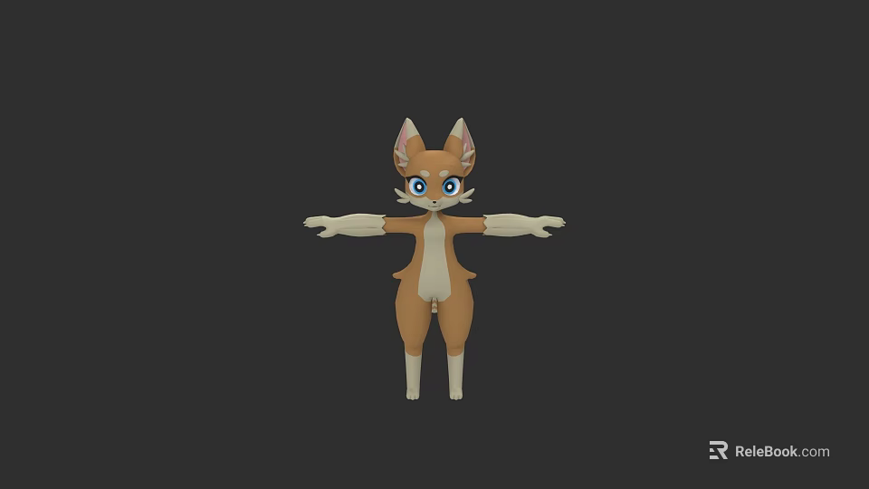 3D Cartoon Cat Character Model With Brown White Fur Blue Eyes And Outstretched Limbs 3d model 