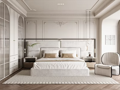 Elegant Modern Bedroom Interior With White Bed Headboard Nightstands Armchair Carpet And Wall Decor 3d model