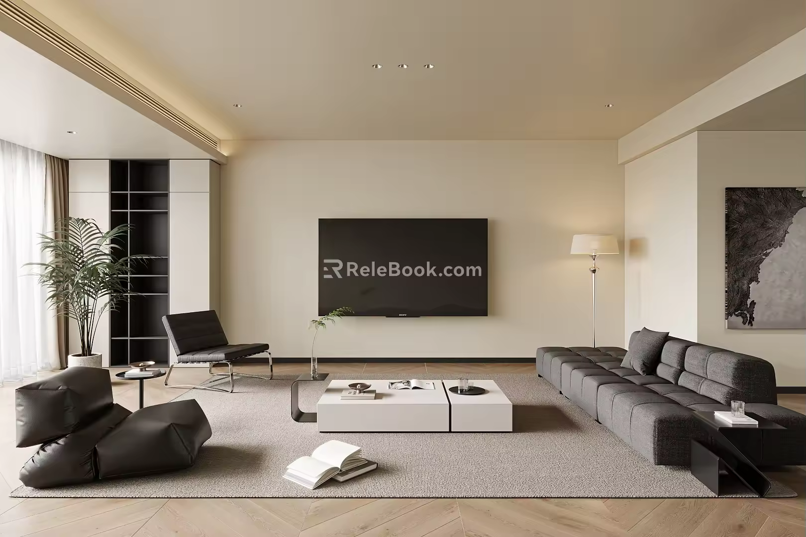 Modern Living Room Sofa Coffee Table Combination Multi-person Sofa Single Casual Chair Lazy Sofa Floor Lamp Books Green Plant Ornaments 3d model