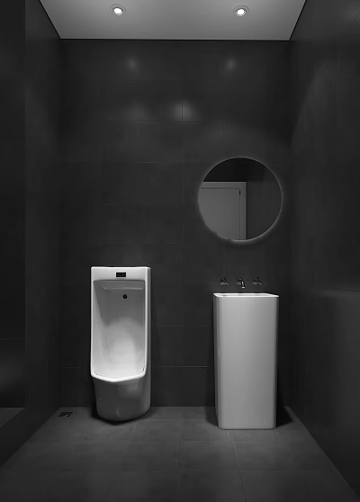 Modern Bathroom Washbasin With Round Mirror White Urinal And Dark Tiled Walls 3d model