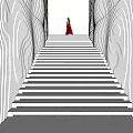 White Stairs with Wavy Silver Walls Person in Red Dress at Top Blue Sky Clouds