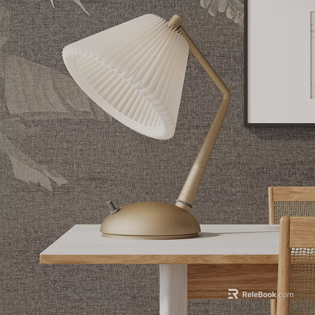 Modern Table Lamp With White Pleated Lampshade And Adjustable Golden Arm On White Table 3d model 