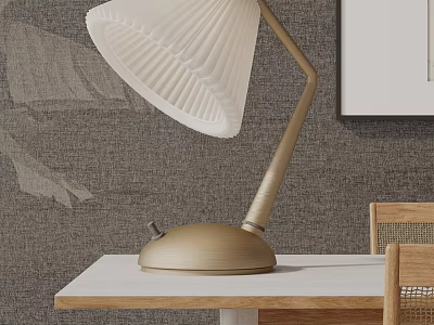 Modern Table Lamp With White Pleated Lampshade And Adjustable Golden Arm On White Table 3d model