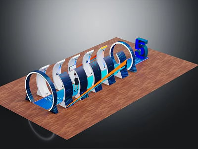 3D Structure With Multiple Circular Rings And Blue Number 5 On Wooden Base 3d model