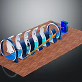 3D Structure With Multiple Circular Rings And Blue Number 5 On Wooden Base