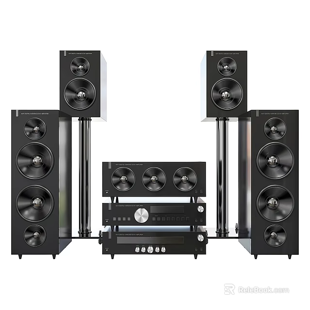 Black Home Theater Speaker System With Tower Speakers And Amplifier 3d model 