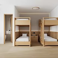 Modern Wooden Bedroom With Bunk Bed Desk Chairs And Storage Cabinets