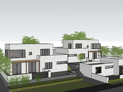 Modern White Boutique Guesthouse Building With Multiple Windows Green Plants And Courtyard 3d model