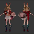 Anime Character With Red Horns Long Brown Hair Red Pink Outfit And Fox Tail Features