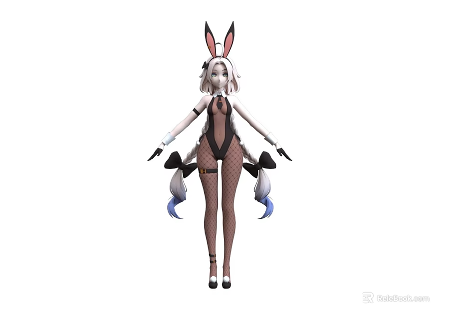 Stylish Woman In Bunny Ears Costume With Fishnet Stockings And Two Tails 3d model 