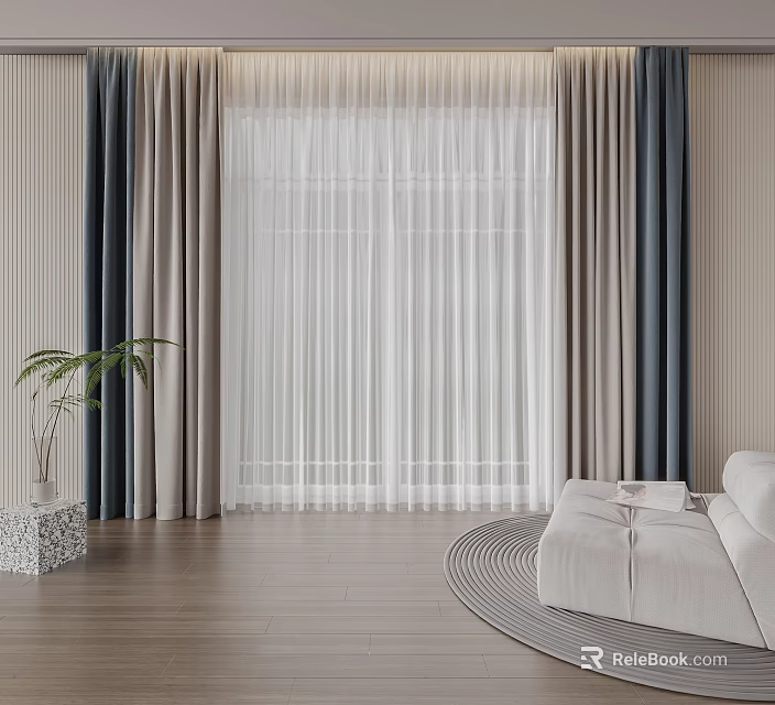 Stylish Curtains With Blue Gray Beige Panels And Sheer White Drapes For Modern Living Room 3d model 