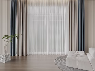 Stylish Curtains With Blue Gray Beige Panels And Sheer White Drapes For Modern Living Room 3d model