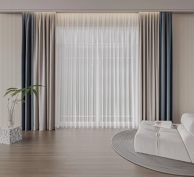 Stylish Curtains With Blue Gray Beige Panels And Sheer White Drapes For Modern Living Room 3d model