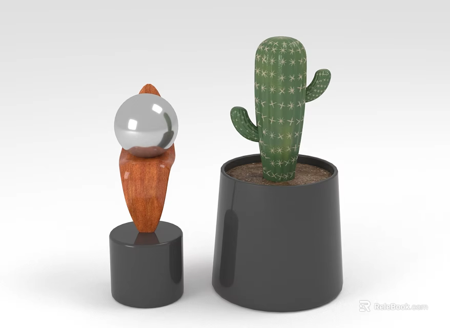 Green Cactus in Black Pot with Decorative Object Featuring Silver Sphere and Brown Wooden Base 3d model 